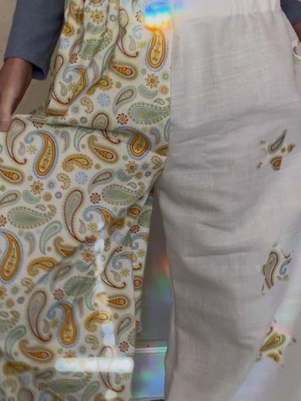 Festival White Paisley Two Tone Wide Leg Pants Handmade Boho - Picture 3 of 5